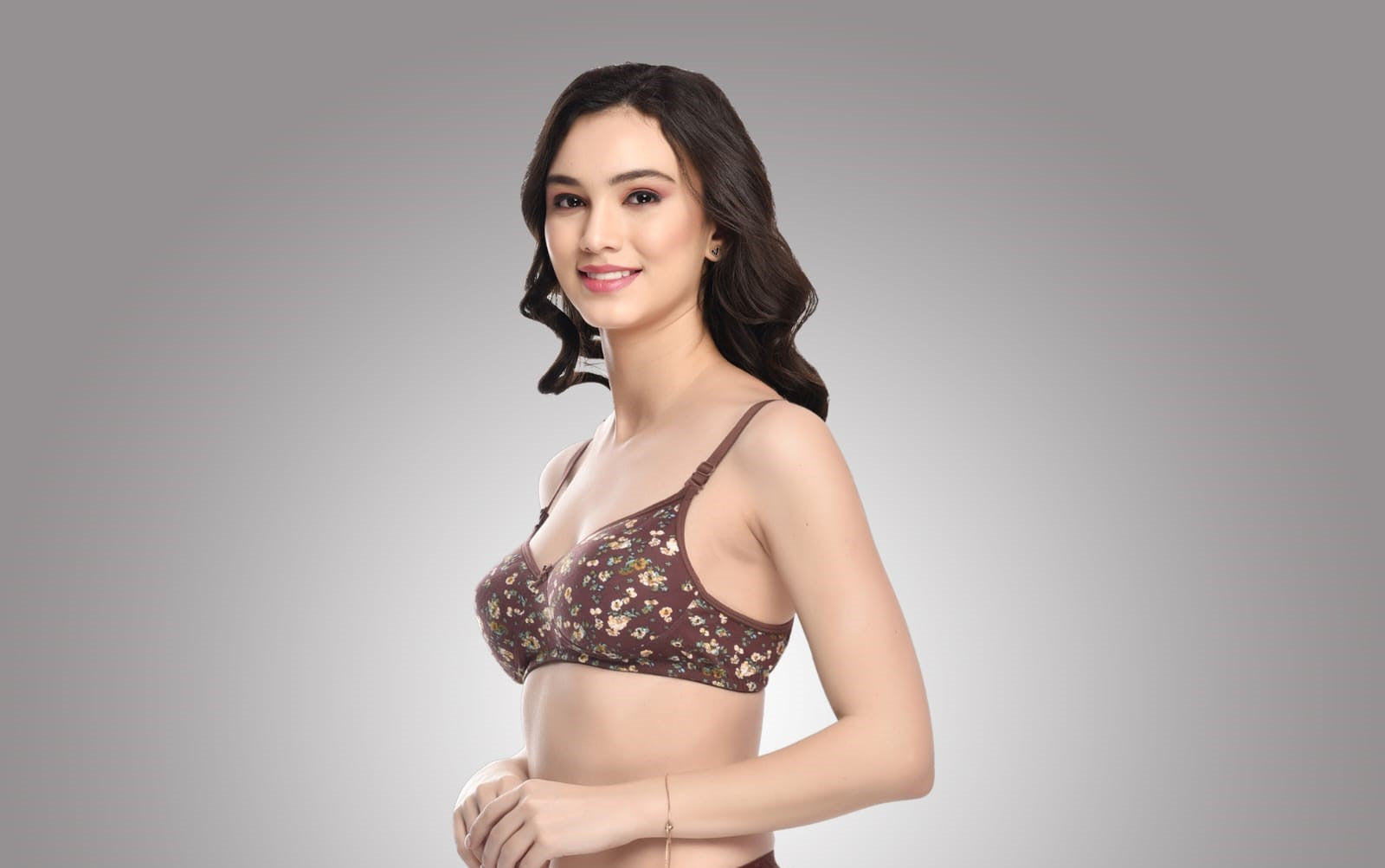 Liamoure Women Cotton Blend Printed Best Padded Bra Non Wired in coffee color with floral print, offering seamless, lightly padded comfort for all-day wear.