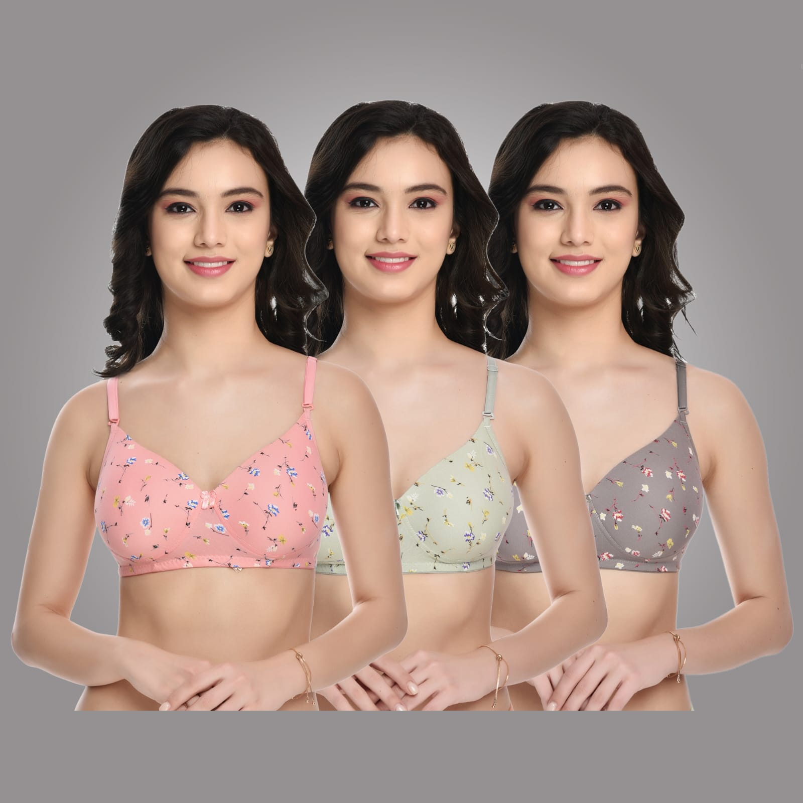 Liamoure Women Floral Printed Bra Combo Pack of 3 featuring pink, green, and grey cotton bras with non-wired padded cups for comfort and style.