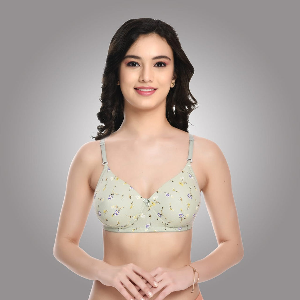 Liamoure green floral printed bra with soft padding and non-wired cups, designed for breathable comfort and daily wear.