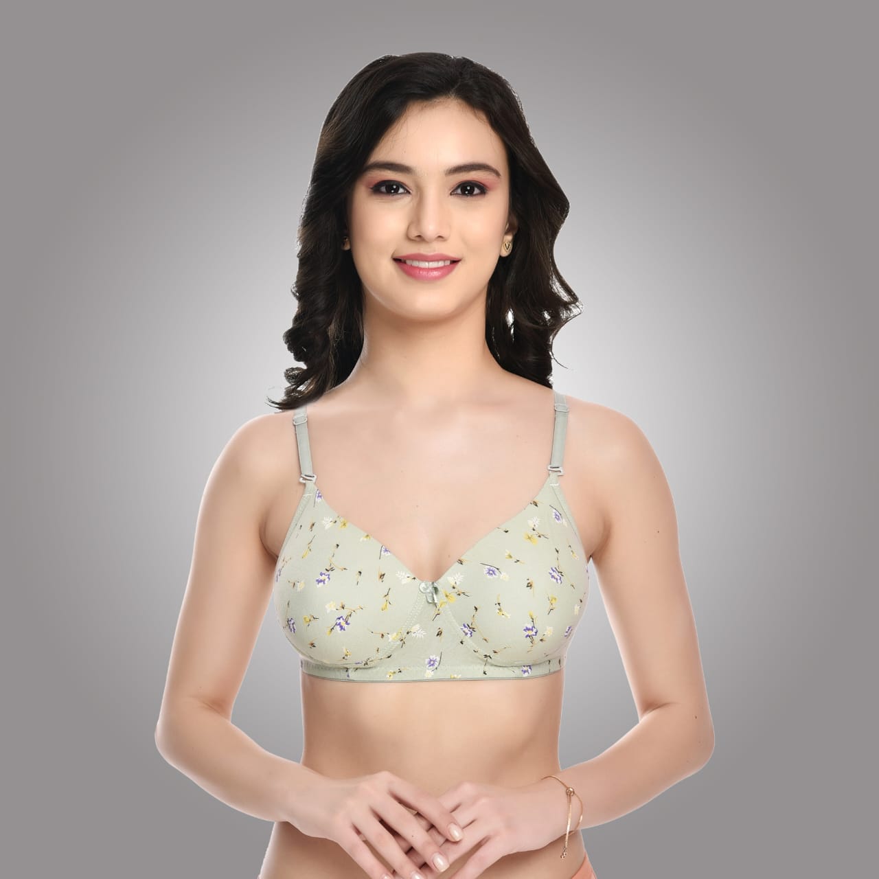 Liamoure green floral printed bra with soft padding and non-wired cups, designed for breathable comfort and daily wear.