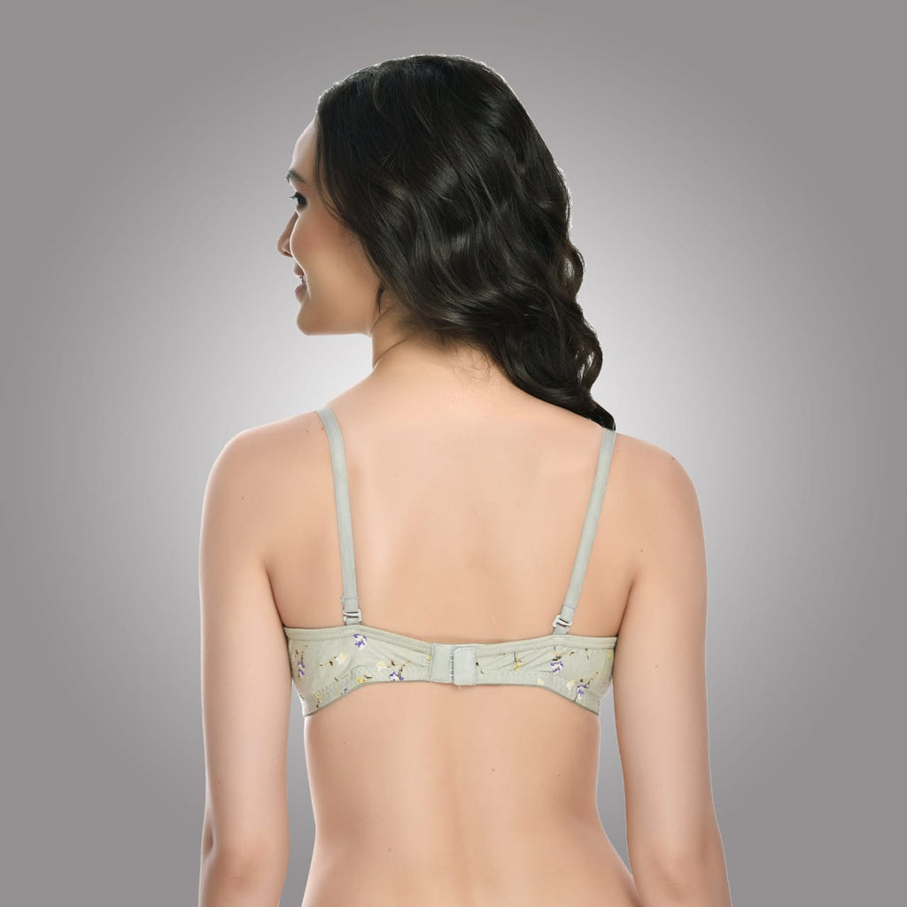 Back view of Liamoure green floral printed bra with double hook closure and stretchable straps for a perfect fit.