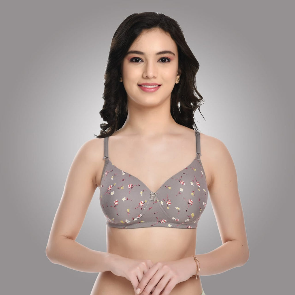 Liamoure grey floral printed bra with soft padded cups and floral design, offering comfort and elegance in everyday lingerie.
