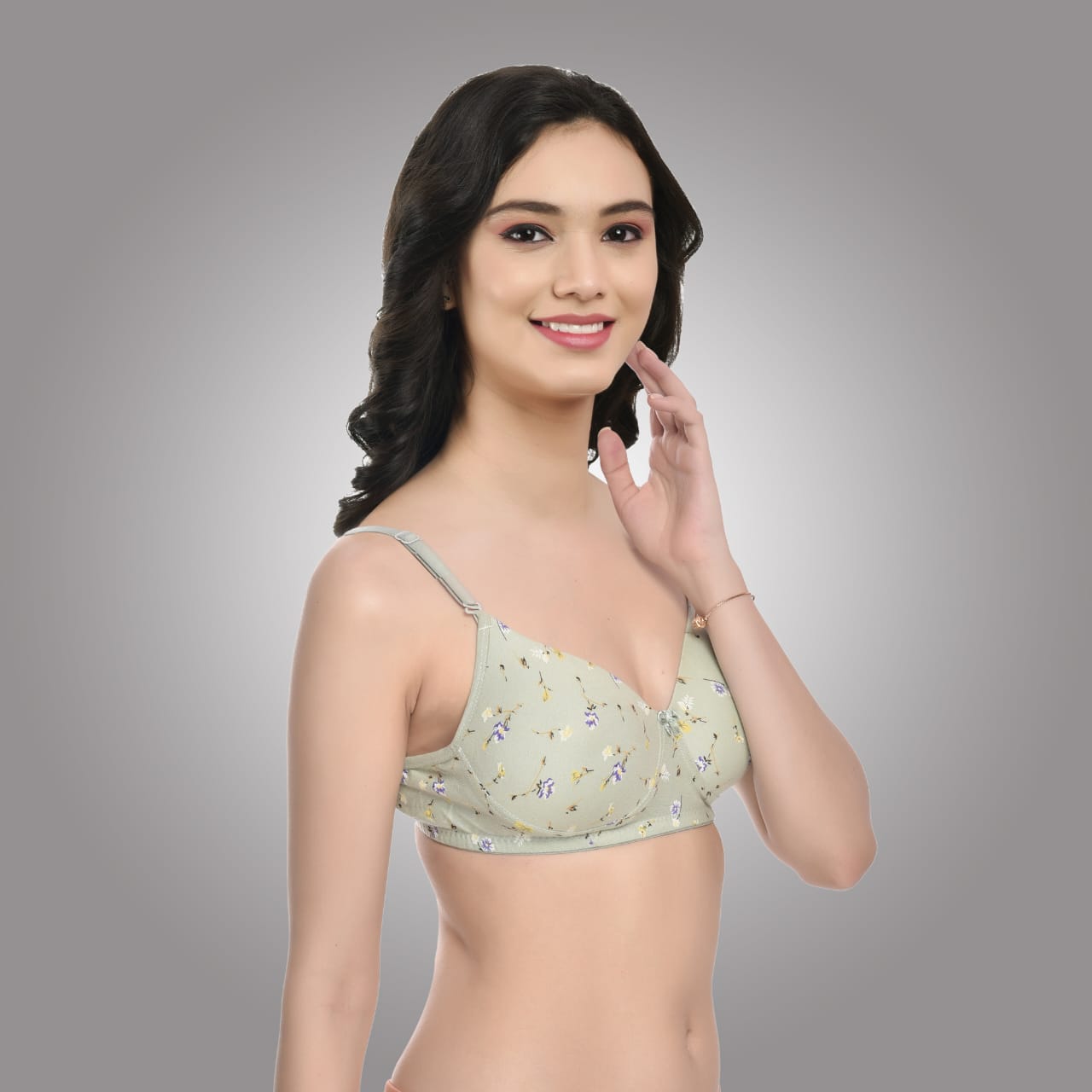 Side view of Liamoure green floral printed bra showing smooth cotton fabric and flattering fit for all-day comfort.