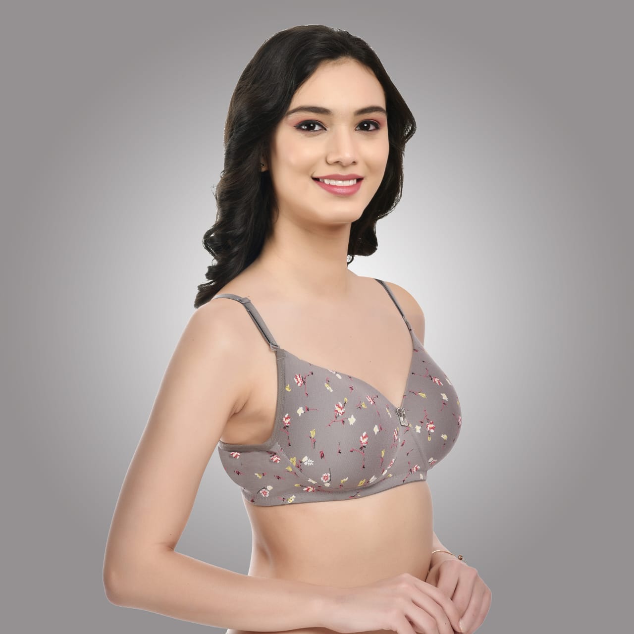 Side view of Liamoure grey floral printed bra with cotton fabric and non-wired support for a smooth silhouette.