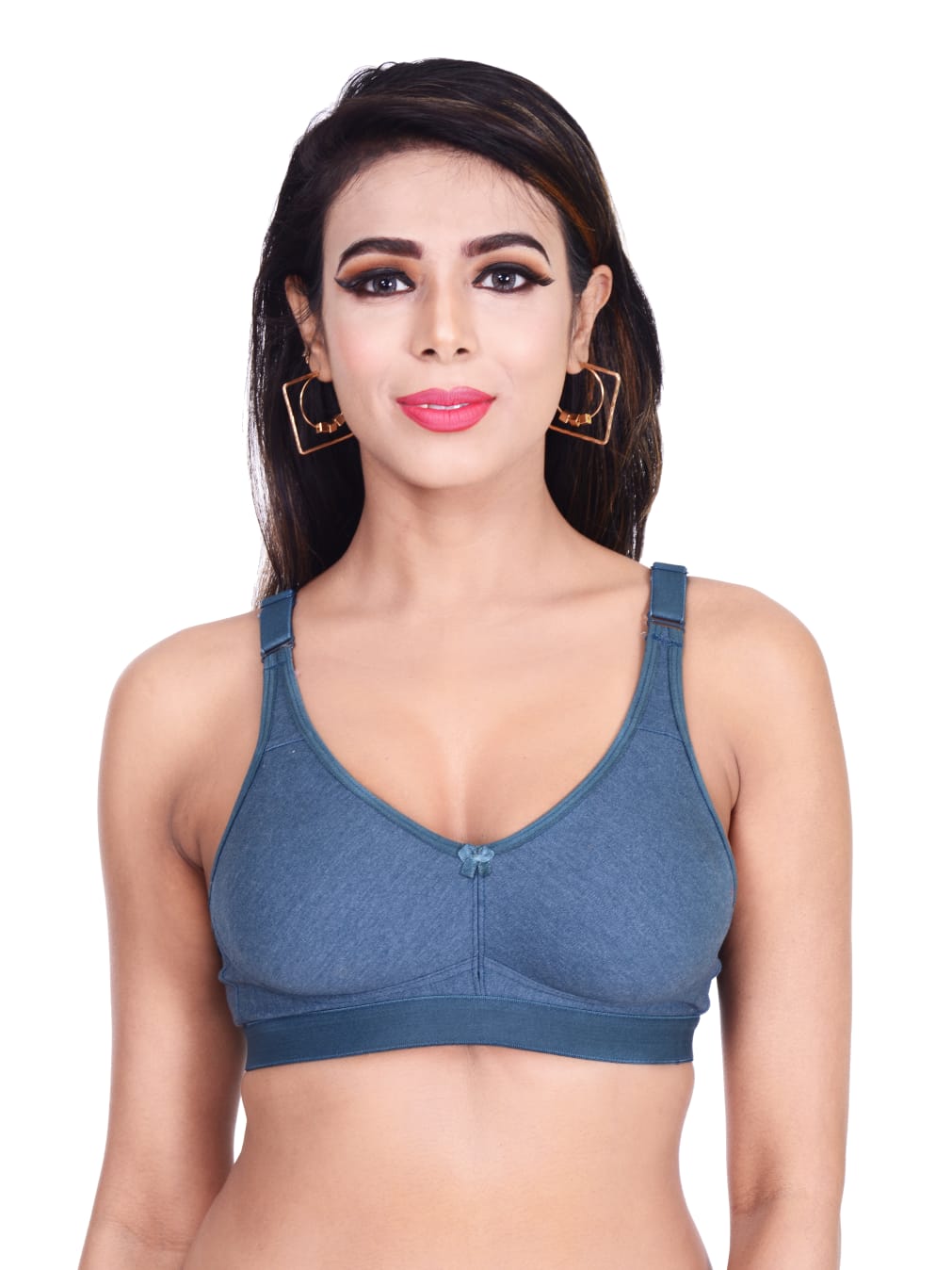 Front view of Liamoure Women's Cotton Full Coverage non padded sports bra in teal blue, offering full support and comfort for active women.