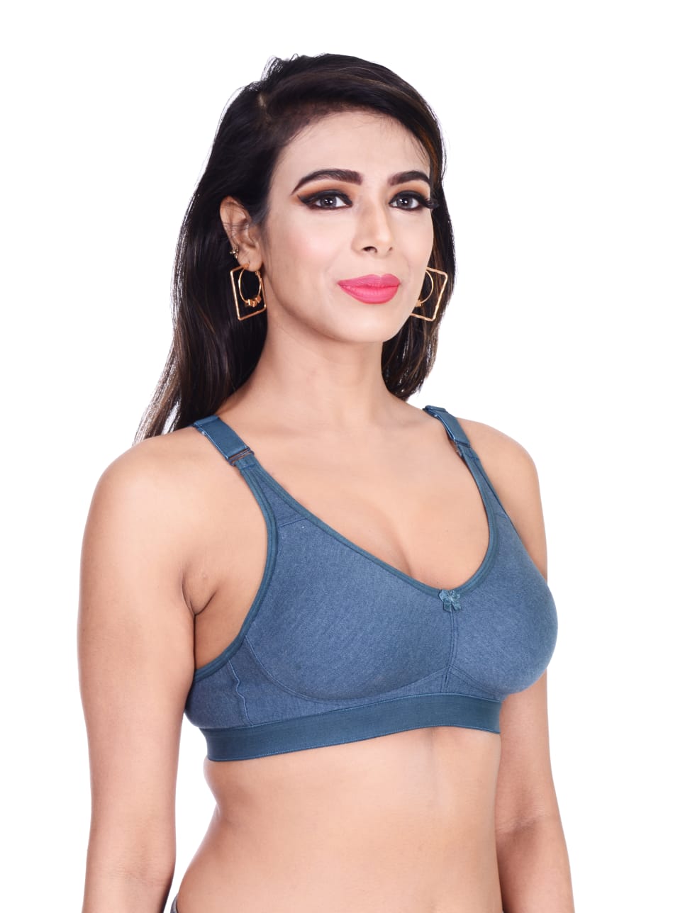 Side view of Liamoure Women's Cotton Full Coverage non padded sports bra in teal blue, showcasing adjustable straps and soft cotton fabric.