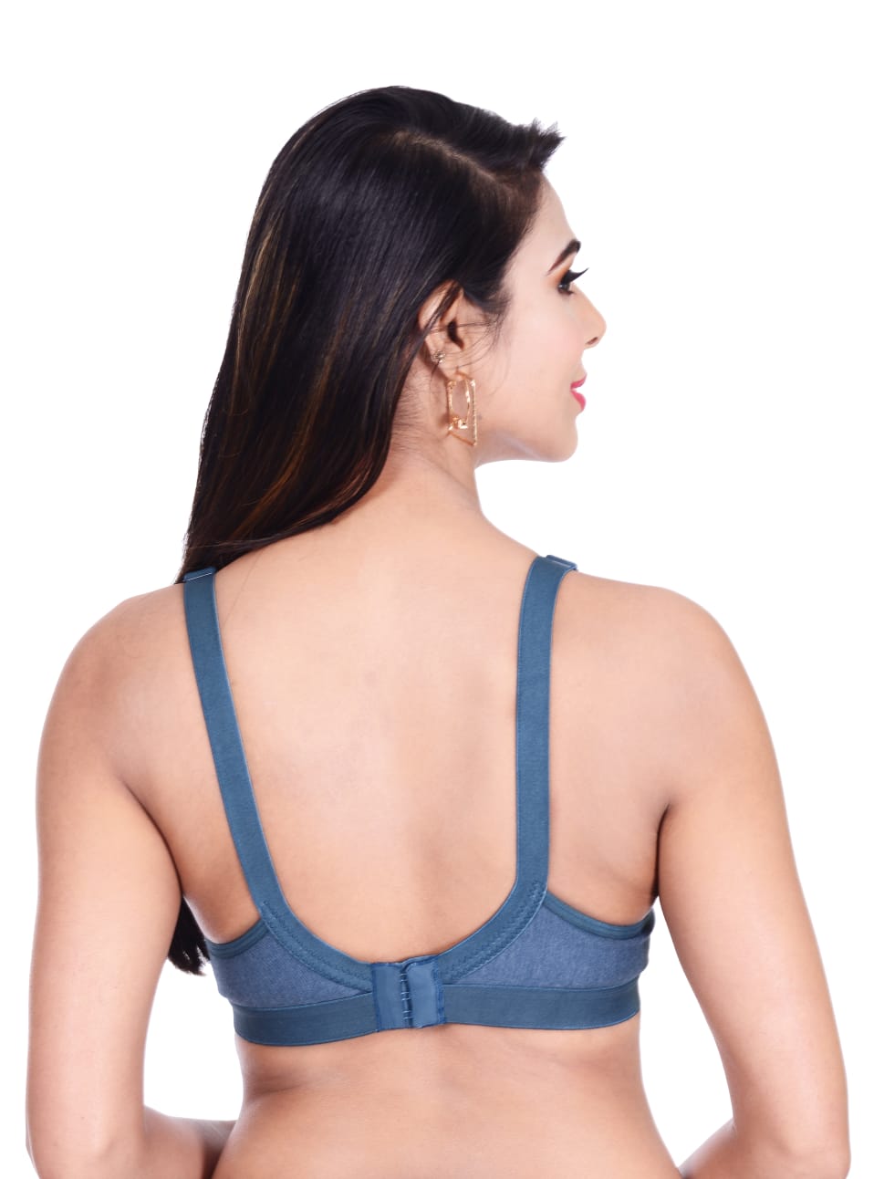 Back view of Liamoure Women's Cotton Full Coverage non padded sports bra in teal blue, featuring wide straps and hook closure for secure fit.