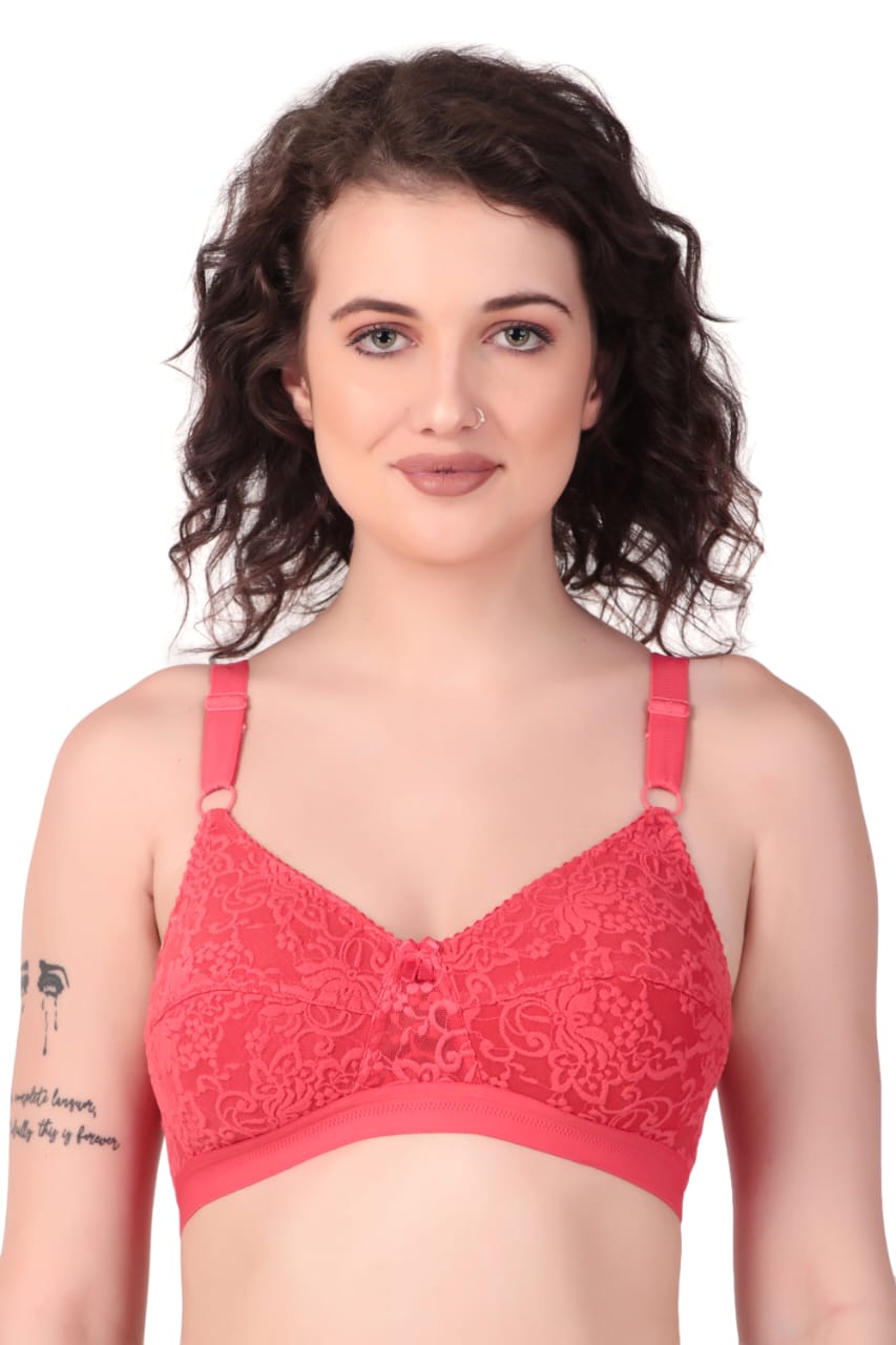 front view of woman wearing Liamoure Women's Designer Non Padded Bra full coverage non padded bra in red color