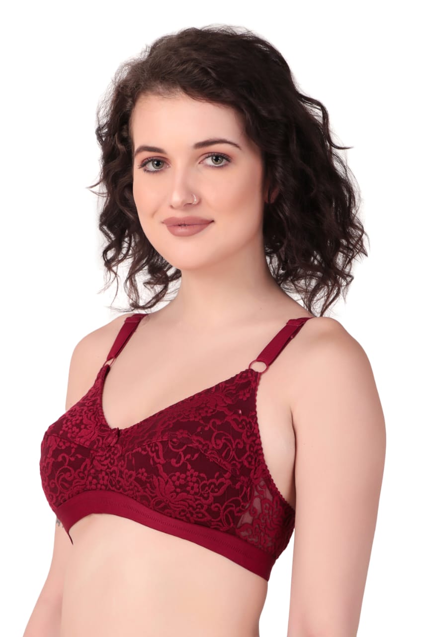 right side view of woman wearing Liamoure Women's Designer Non Padded Bra full coverage non padded bra in maroon color