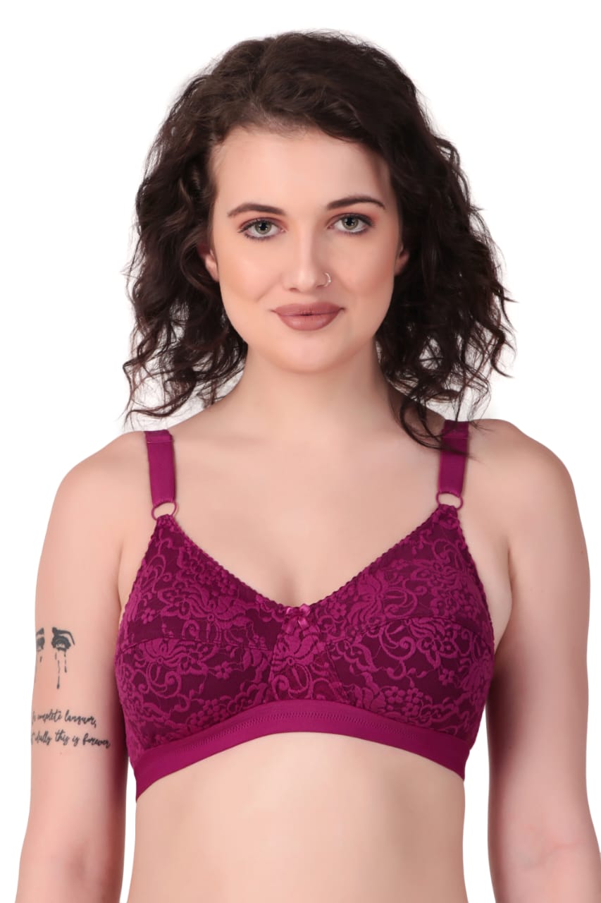 front view of woman wearing Liamoure Women's Designer Non Padded Bra full coverage non padded bra in purple color