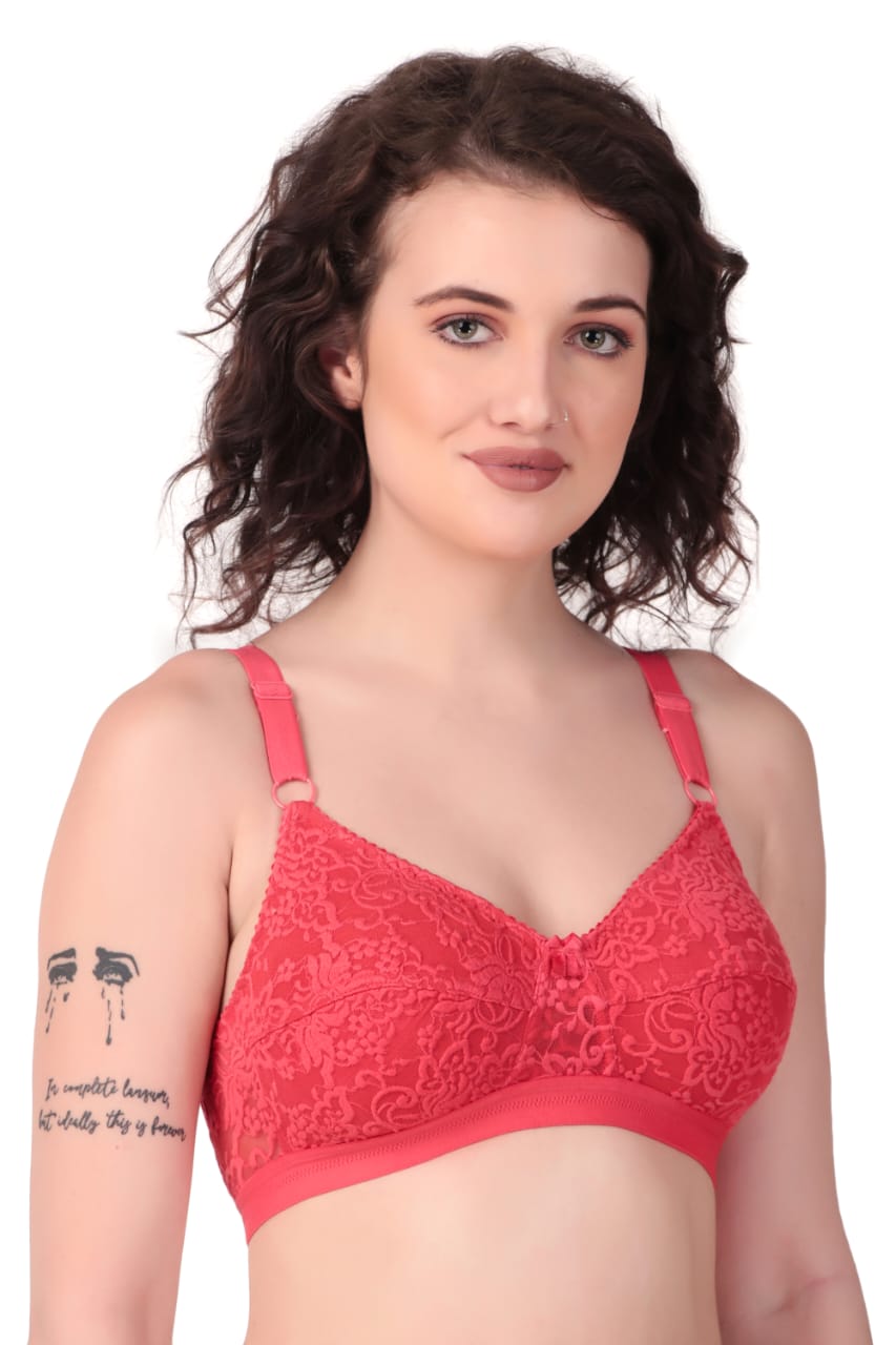left side view of woman wearing Liamoure Women's Designer Non Padded Bra full coverage non padded bra in red color