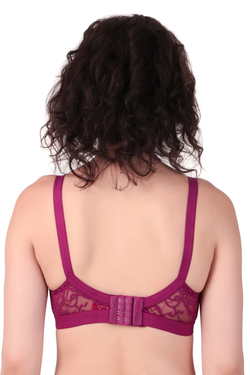 back view of woman wearing Liamoure Women's Designer Non Padded Bra full coverage non padded bra in  purple color