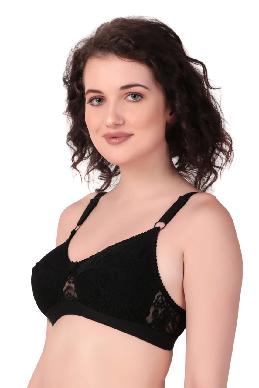 right side view of woman wearing Liamoure Women's Designer Non Padded Bra full coverage non padded bra in black  color