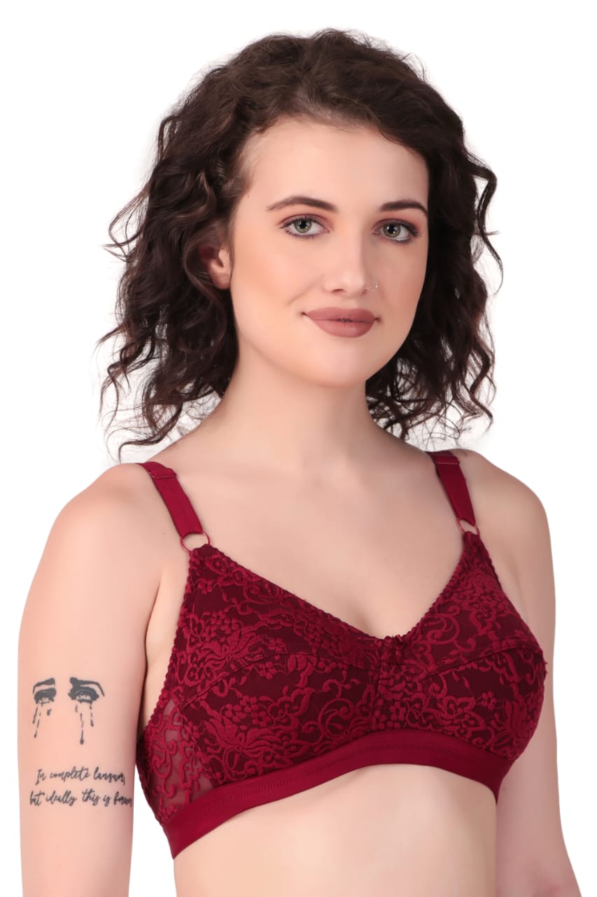 left side view of woman wearing Liamoure Women's Designer Non Padded Bra full coverage non padded bra in maroon color