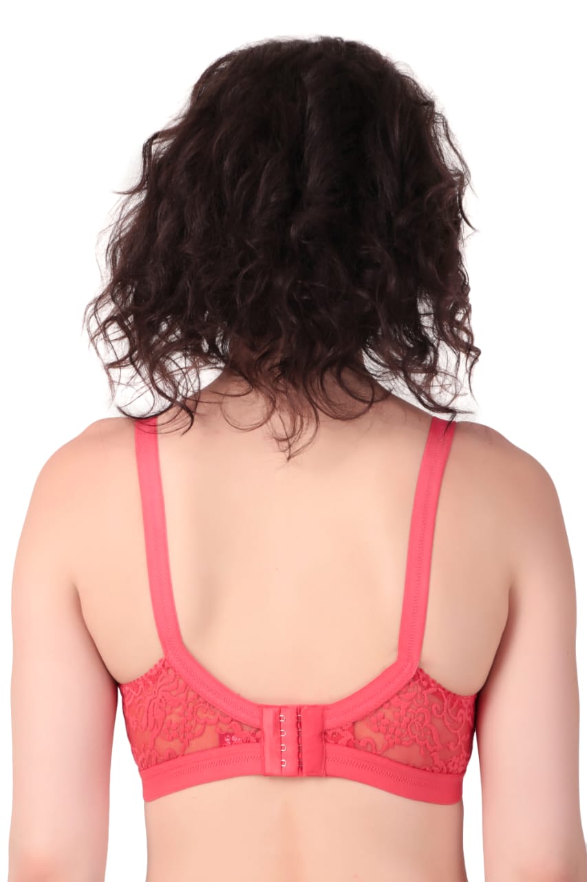 back view of woman wearing Liamoure Women's Designer Non Padded Bra full coverage non padded bra in red color