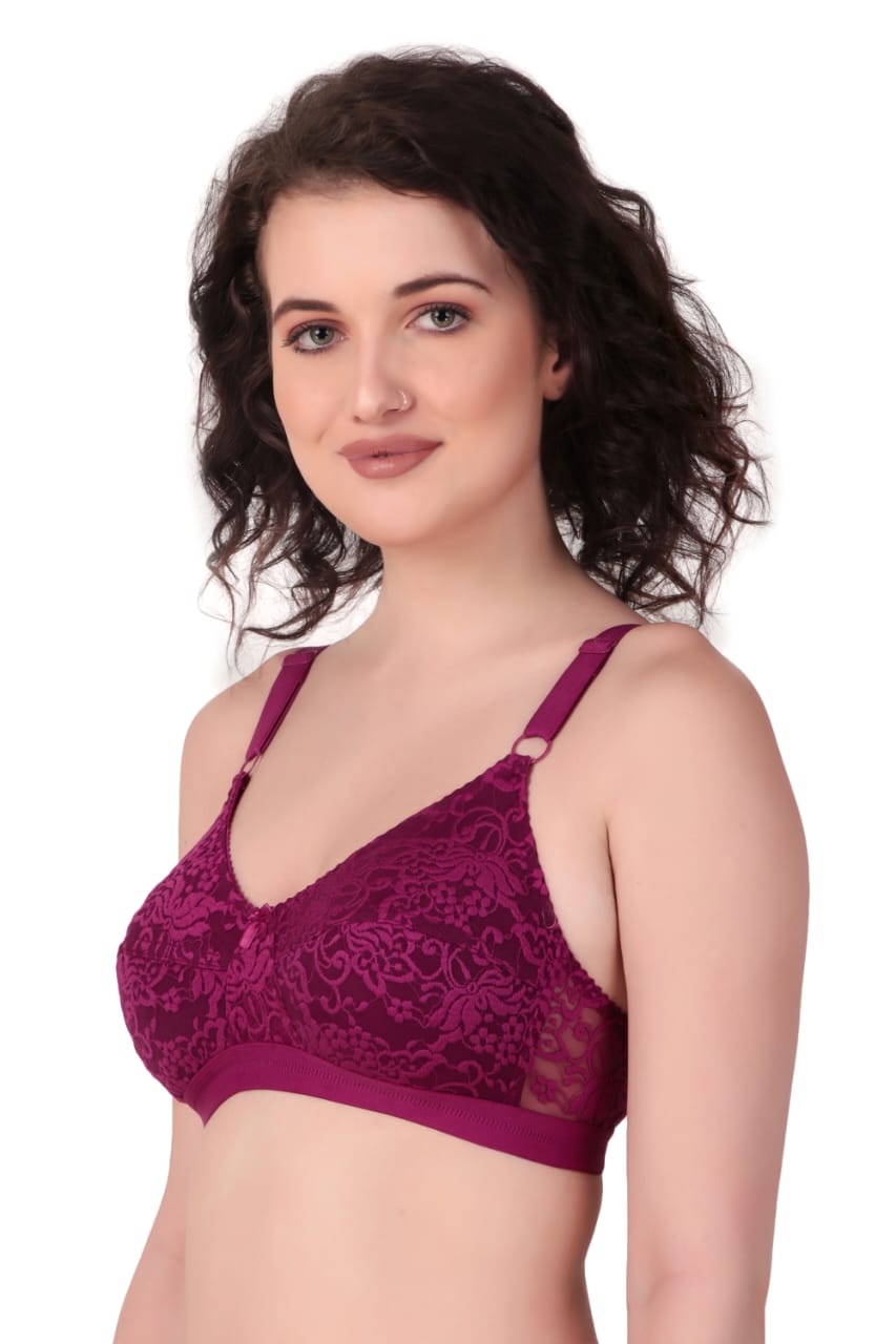 right side view of woman wearing Liamoure Women's Designer Non Padded Bra full coverage non padded bra in  purple color