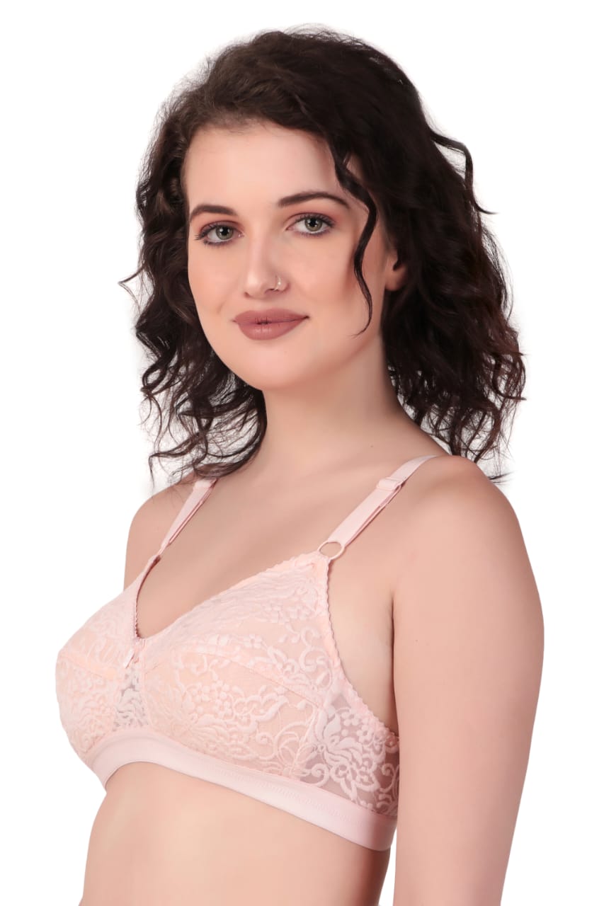 right side view of woman wearing Liamoure Women's Designer Non Padded Bra full coverage non padded bra in white color