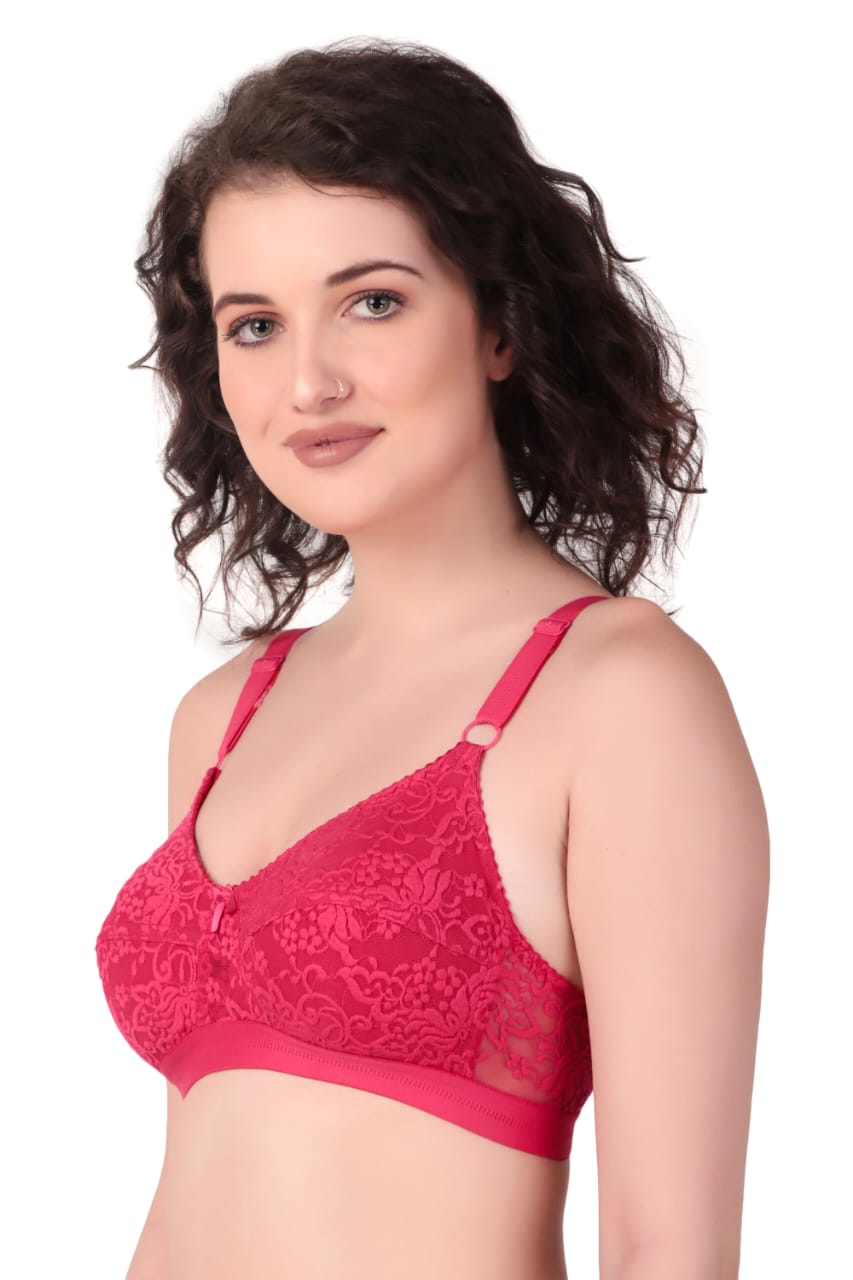 right side view of woman wearing Liamoure Women's Designer Non Padded Bra full coverage non padded bra in dark pink color