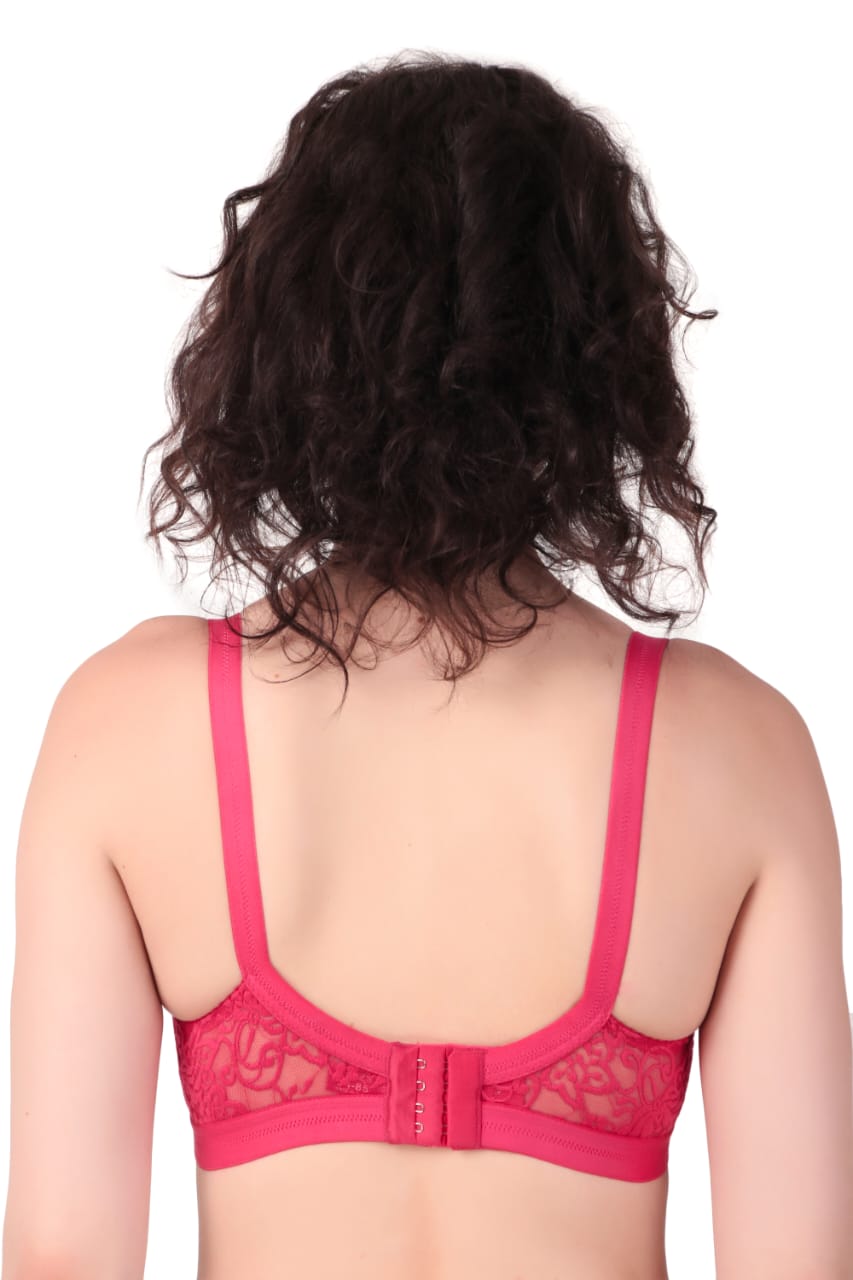 back view of woman wearing Liamoure Women's Designer Non Padded Bra full coverage non padded bra in dark pink color