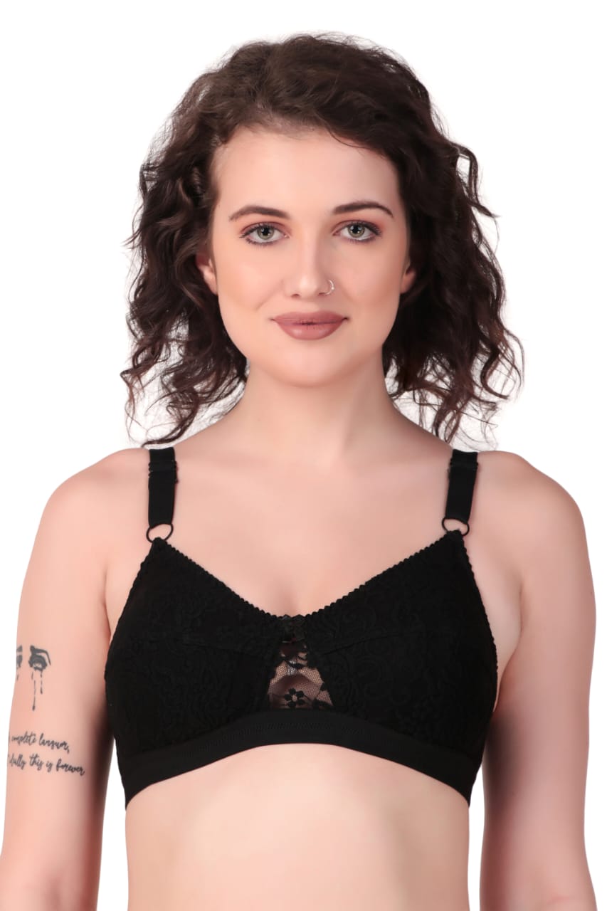 front view of woman wearing Liamoure Women's Designer Non Padded Bra full coverage non padded bra in black color