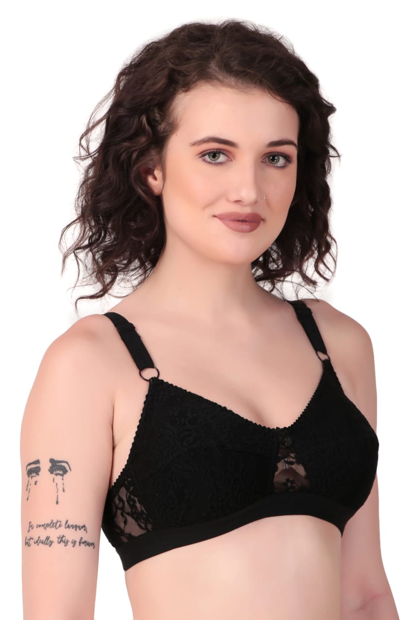 left side view of woman wearing Liamoure Women's Designer Non Padded Bra full coverage non padded bra in black color