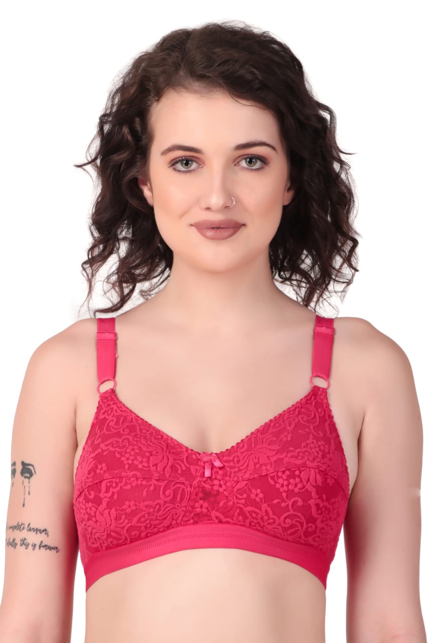 front view of woman wearing Liamoure Women's Designer Non Padded Bra full coverage non padded bra in dark pink color