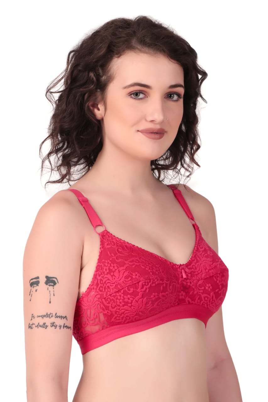 left side view of woman wearing Liamoure Women's Designer Non Padded Bra full coverage non padded bra in dark pink color