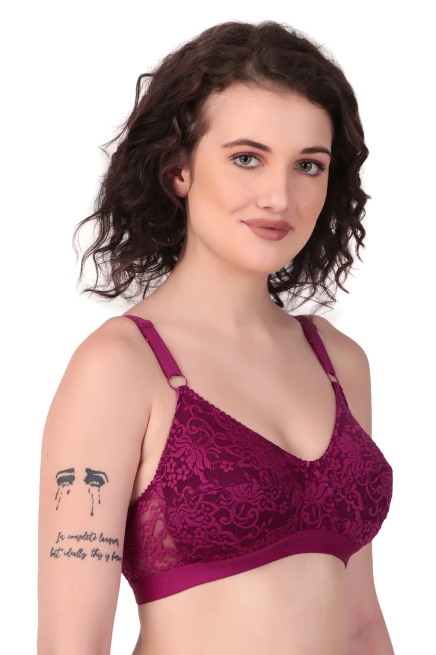 left side view of woman wearing Liamoure Women's Designer Non Padded Bra full coverage non padded bra in  purple color