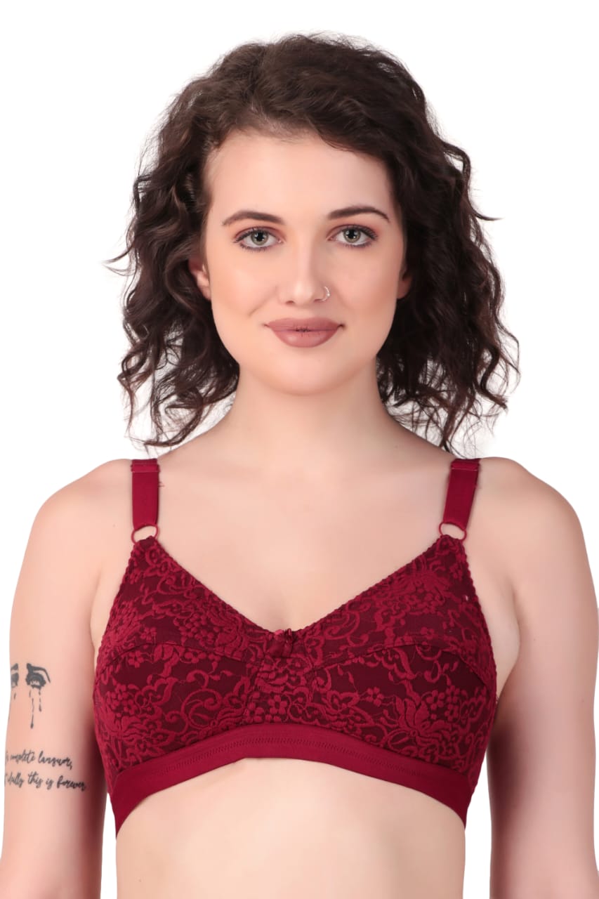 front view of woman wearing Liamoure Women's Designer Non Padded Bra full coverage non padded bra in maroon color