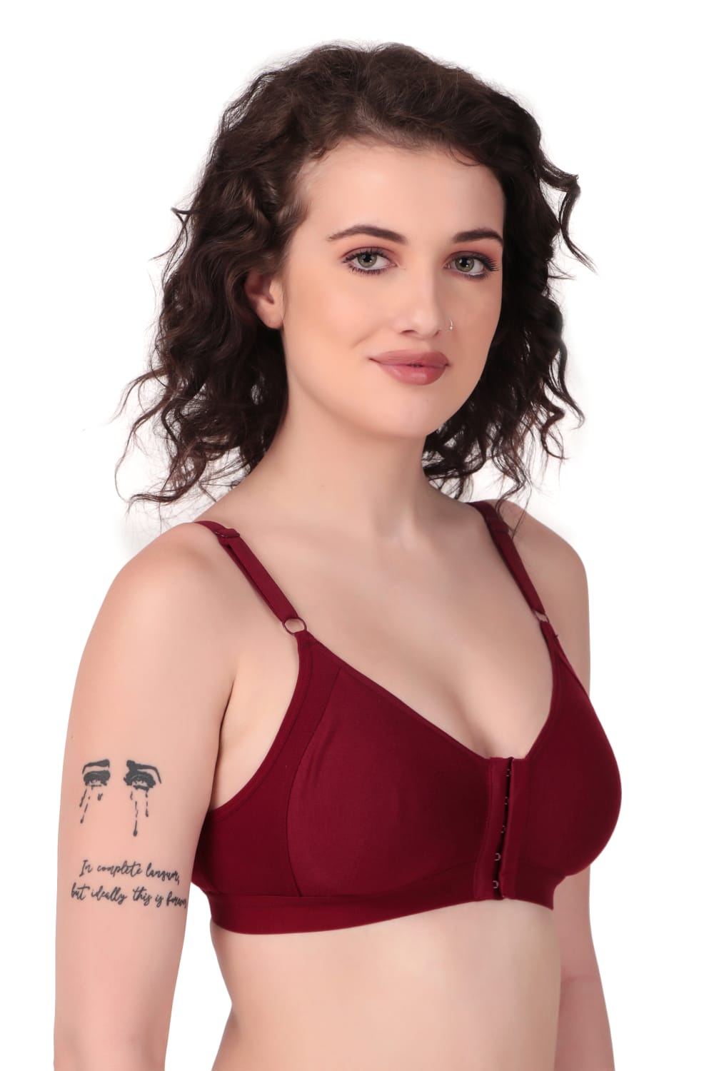 Side view of woman wearing Liamoure Women's front hook bra Non-Padded Non-Wired,Full Coverage Maroon color bra
