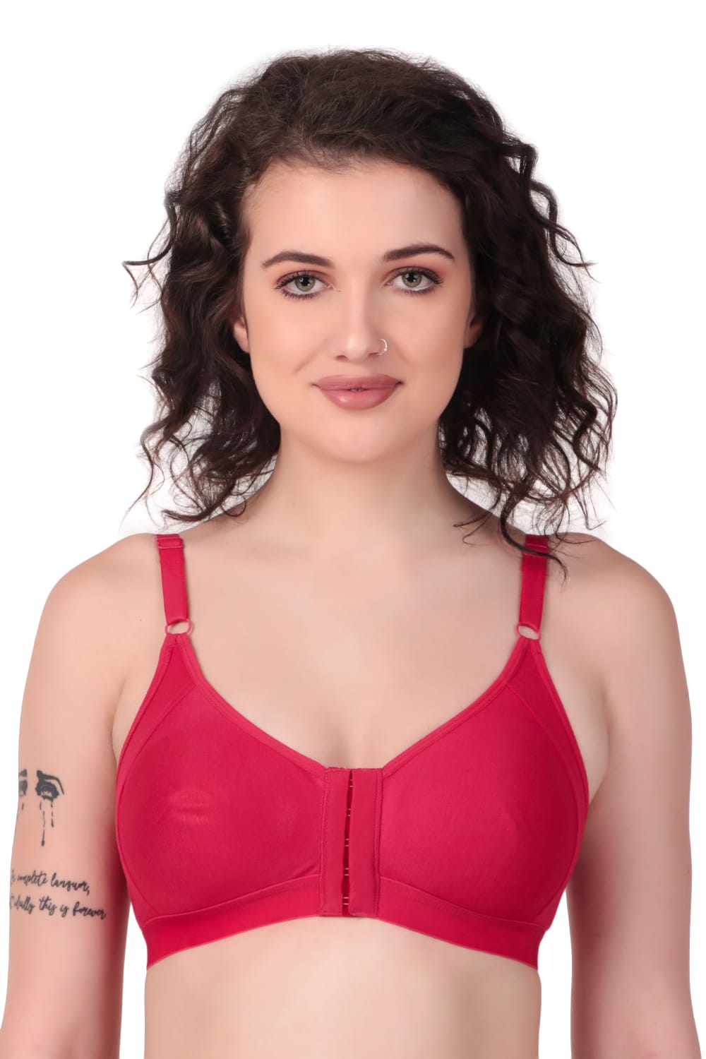 woman wearing Liamoure Women's front hook bra Non-Padded Non-Wired,Full Coverage Red color bra