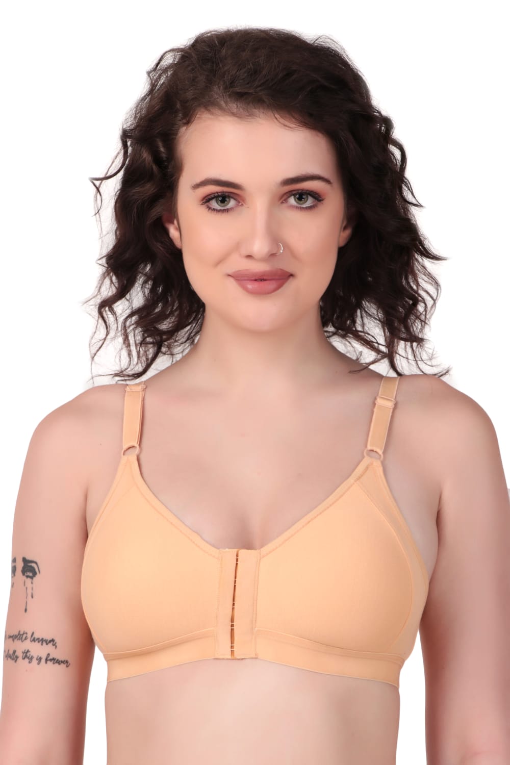 woman wearing Liamoure Women's front hook bra Non-Padded Non-Wired,Full Coverage orange color bra