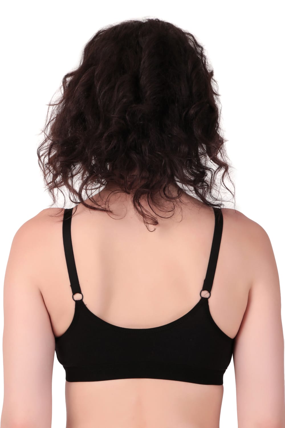 back view of woman wearing Liamoure Women's front hook bra Non-Padded Non-Wired,Full Coverage Black color bra