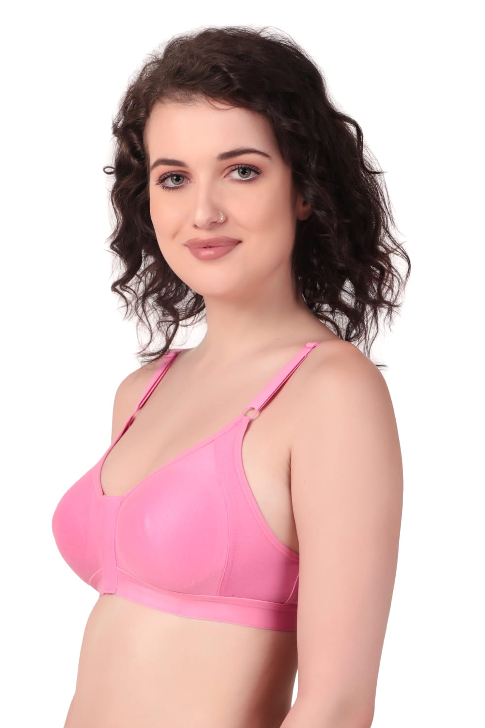 left Side view of woman wearingLiamoure Women's front hook bra Non-Padded Non-Wired,Full Coverage pink color bra