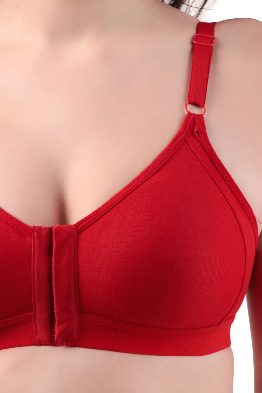 front view of woman wearing Liamoure Women's front hook bra Non-Padded Non-Wired,Full Coverage hot red color bra