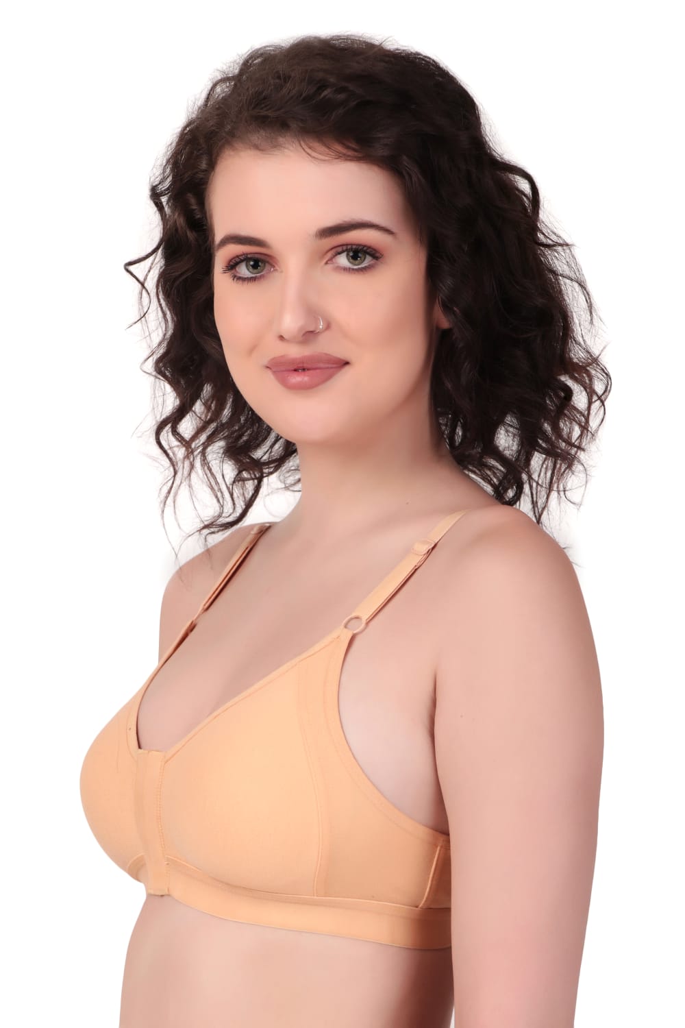 Side view of woman wearing Liamoure Women's front hook bra Non-Padded Non-Wired,Full Coverage orange color bra