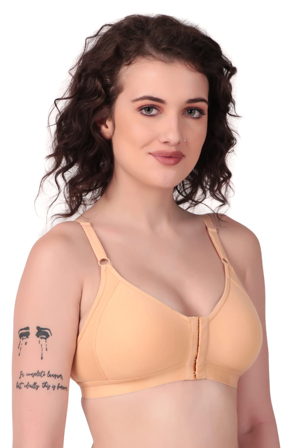 Right Side view of woman wearing Liamoure Women's front hook bra Non-Padded Non-Wired,Full Coverage orange color bra