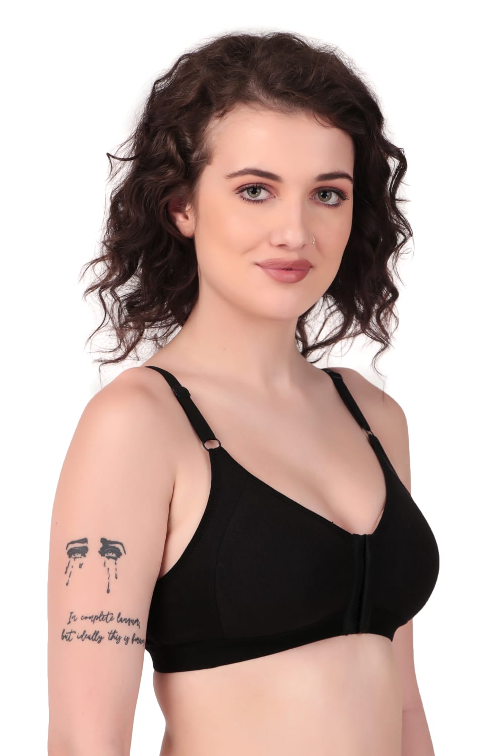 Left Side view of woman wearing Liamoure Women's front hook bra Non-Padded Non-Wired,Full Coverage Black color bra