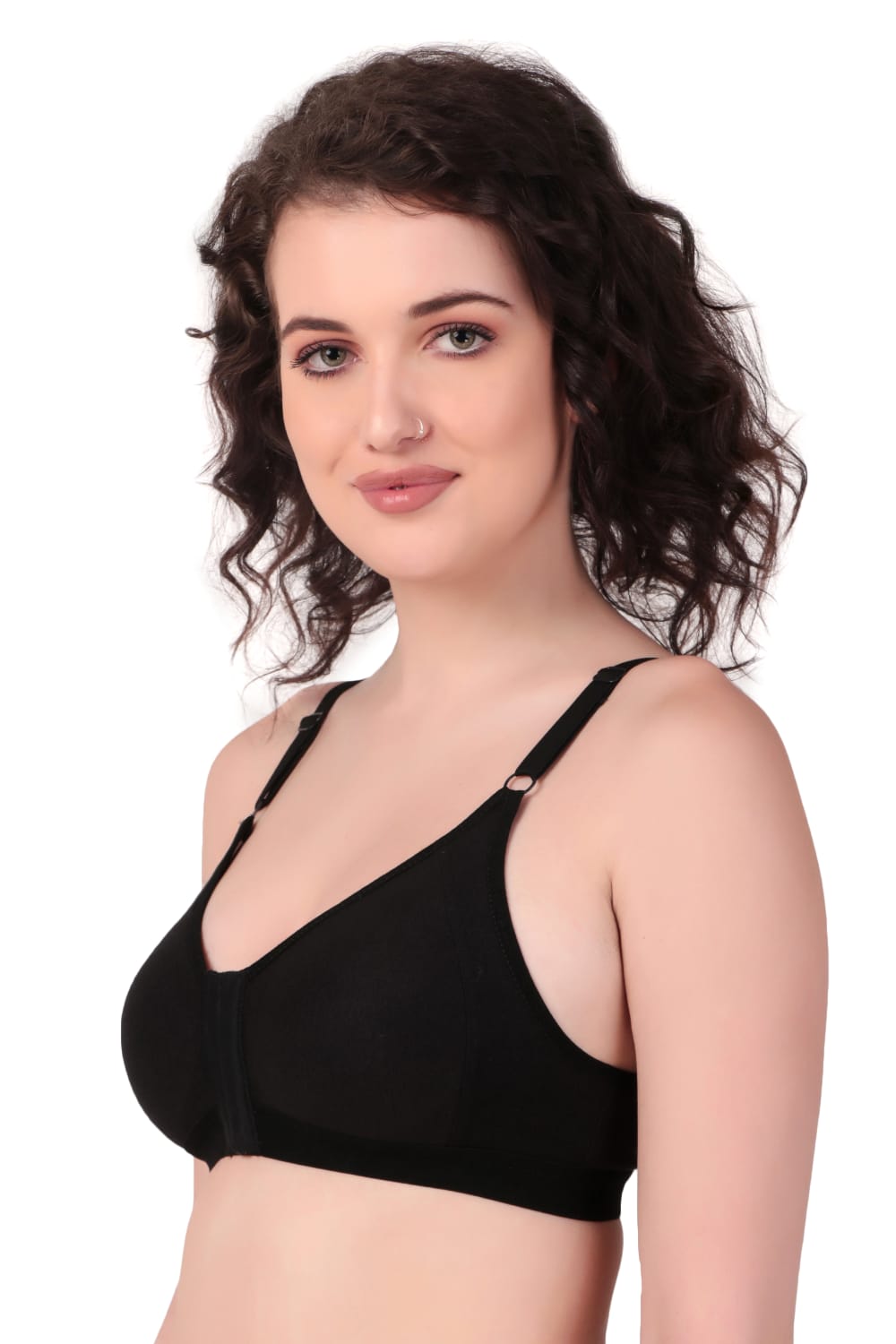 Right Side view of woman wearing Liamoure Women's front hook bra Non-Padded Non-Wired,Full Coverage Black color bra