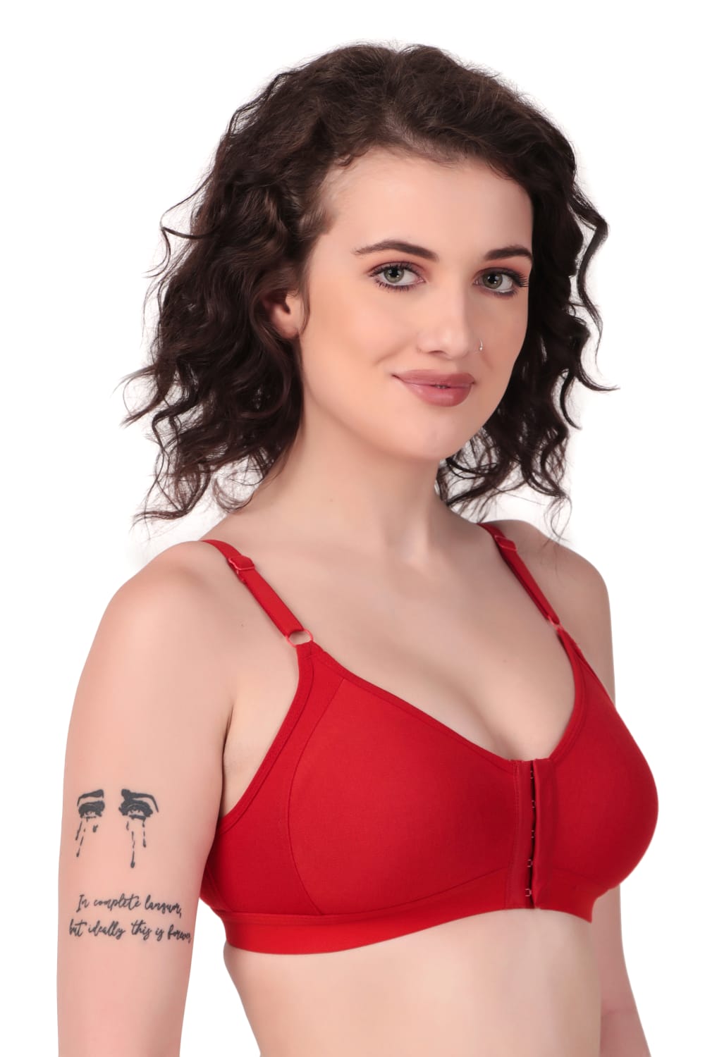 Right Side view of woman wearing Liamoure Women's front hook bra Non-Padded Non-Wired,Full Coverage hot red color bra