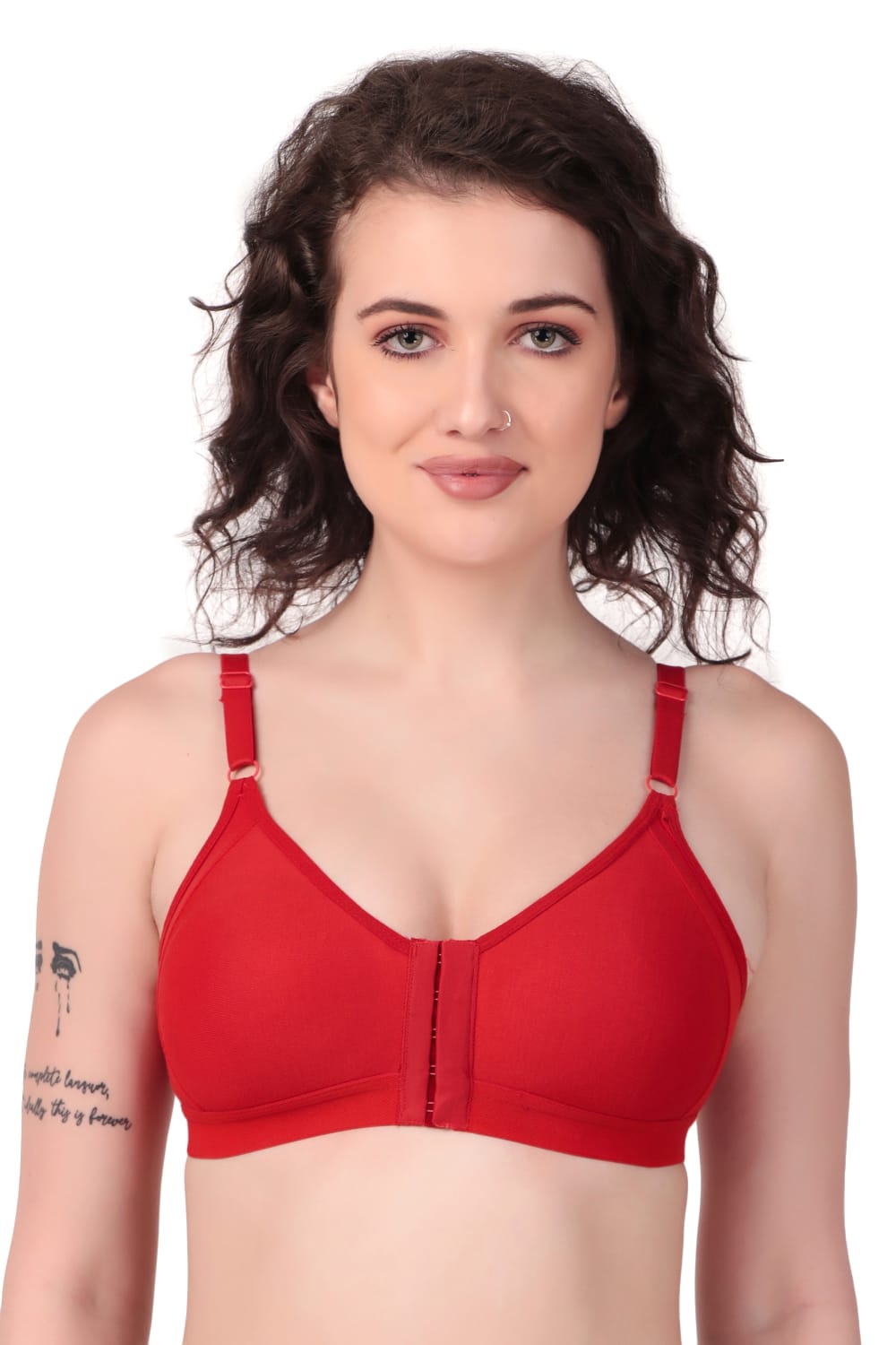 woman wearing Liamoure Women's front hook bra Non-Padded Non-Wired,Full Coverage hot red color bra