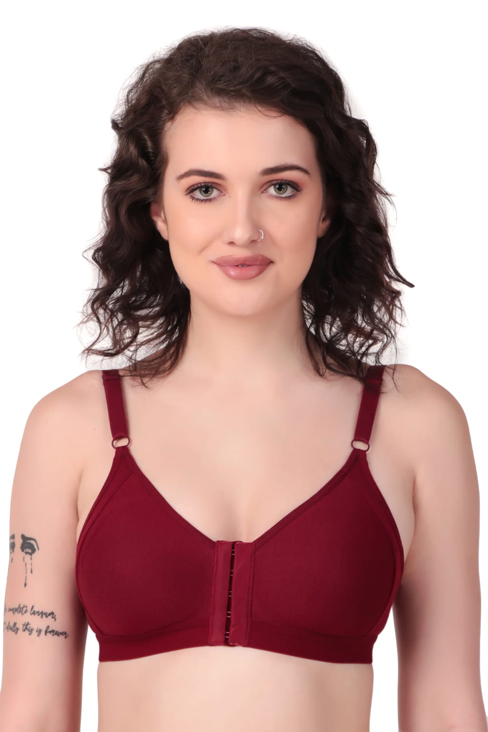 woman wearing Liamoure Women's front hook bra Non-Padded Non-Wired,Full Coverage Maroon color bra