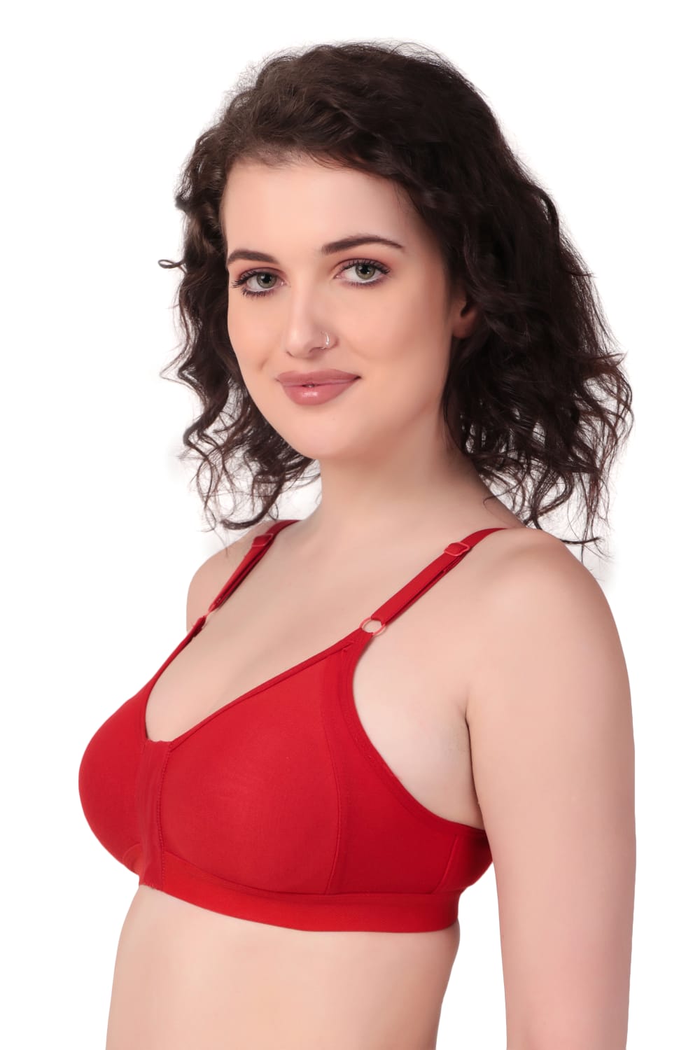 Right Side view of woman wearing Liamoure Women's front hook bra Non-Padded Non-Wired,Full Coverage hot red color bra