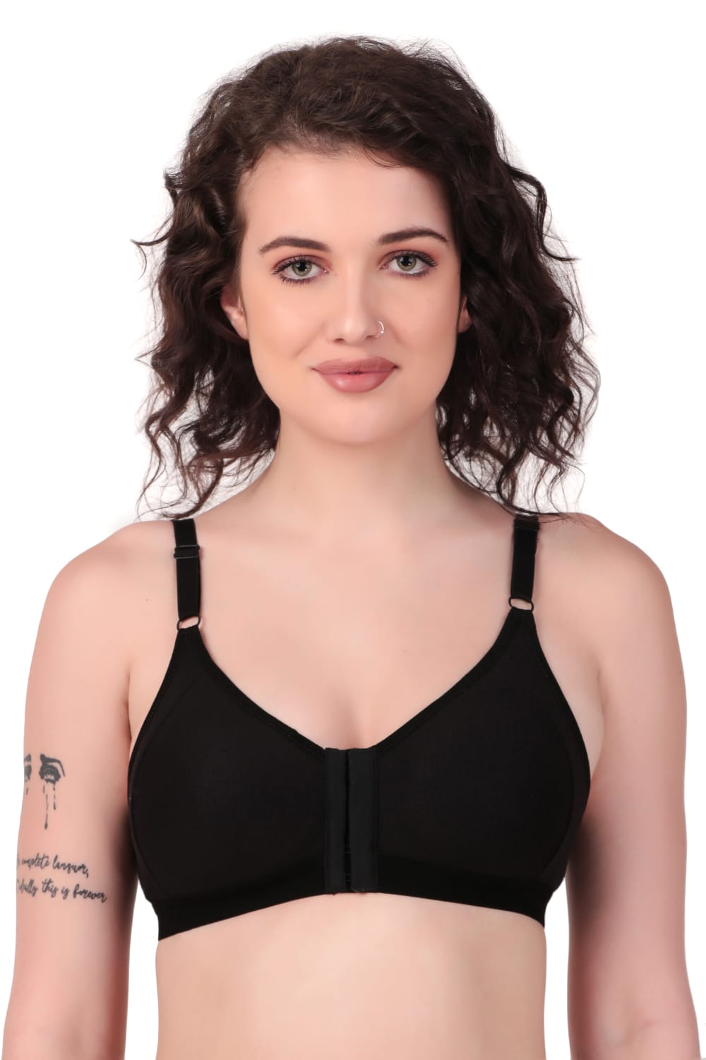 woman wearing Liamoure Women's front hook bra Non-Padded Non-Wired,Full Coverage Black color bra