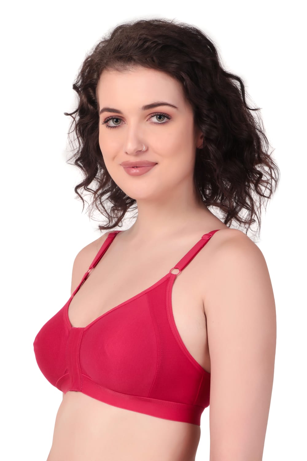 left Side view of woman wearing Liamoure Women's front hook bra Non-Padded Non-Wired,Full Coverage Red color bra