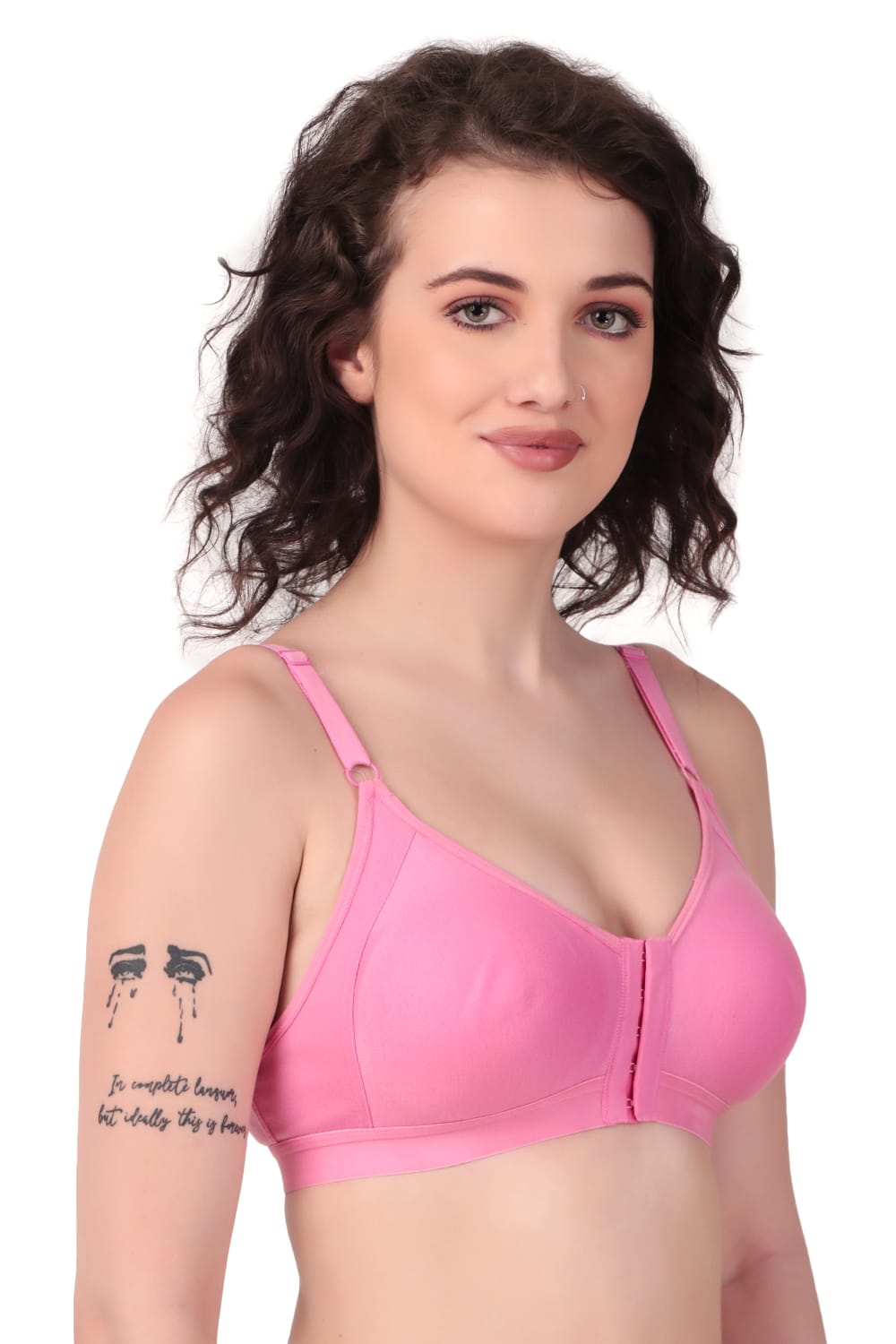 Side view of woman wearing Liamoure Women's front hook bra Non-Padded Non-Wired,Full Coverage Pink color bra