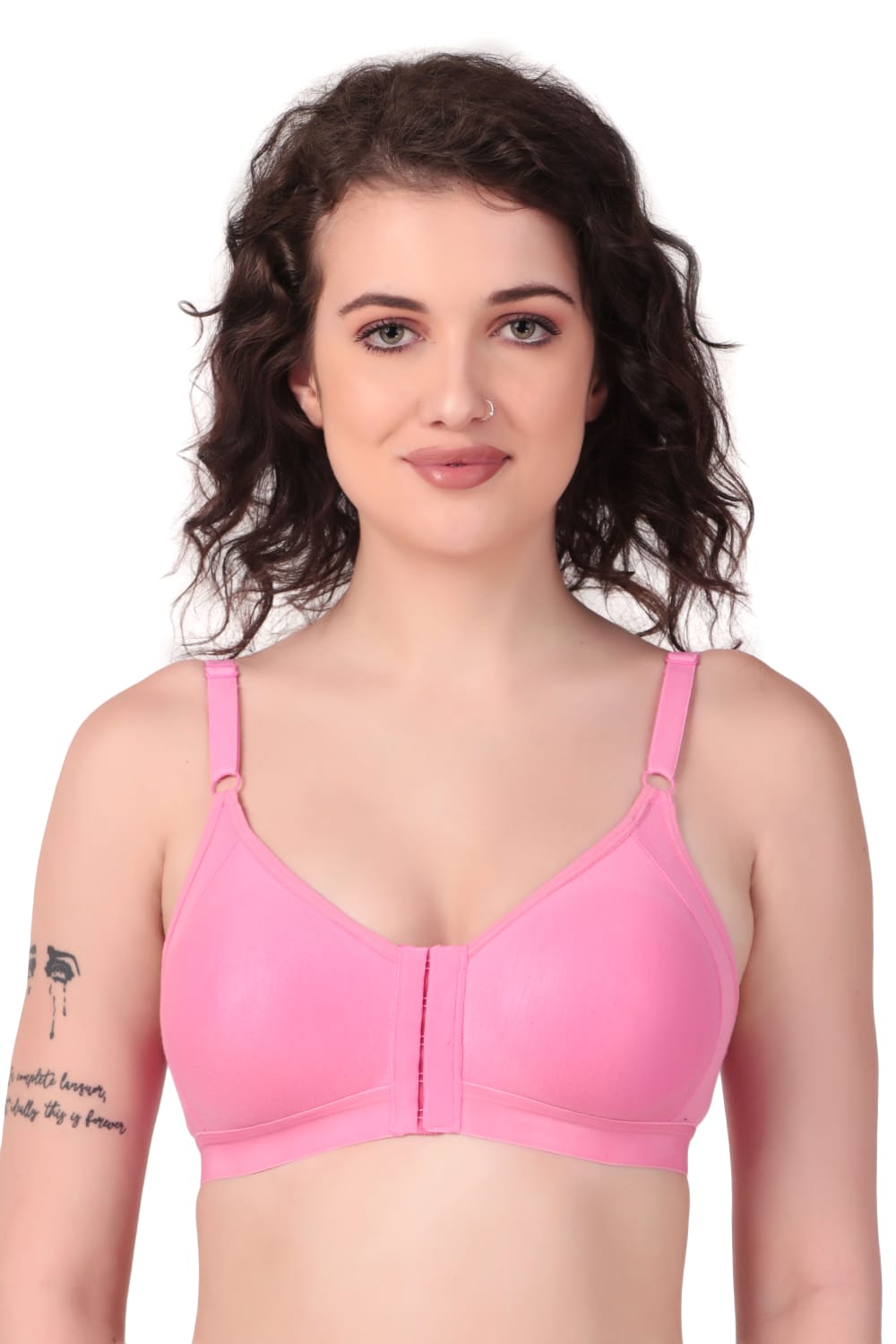 woman wearing Liamoure Women's front hook bra Non-Padded Non-Wired,Full Coverage Pink color bra