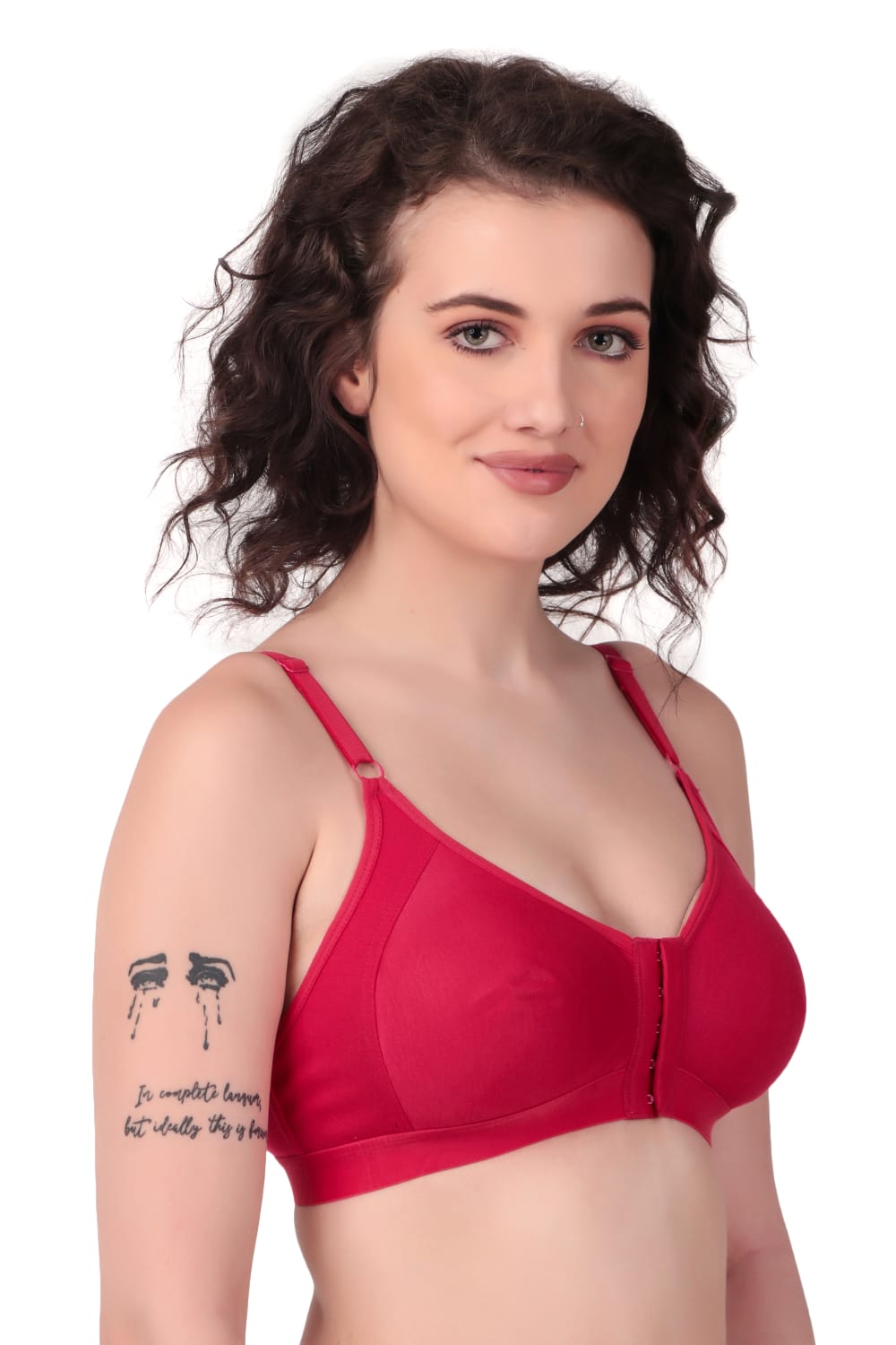 Side view of woman wearing Liamoure Women's front hook bra Non-Padded Non-Wired,Full Coverage Red color bra