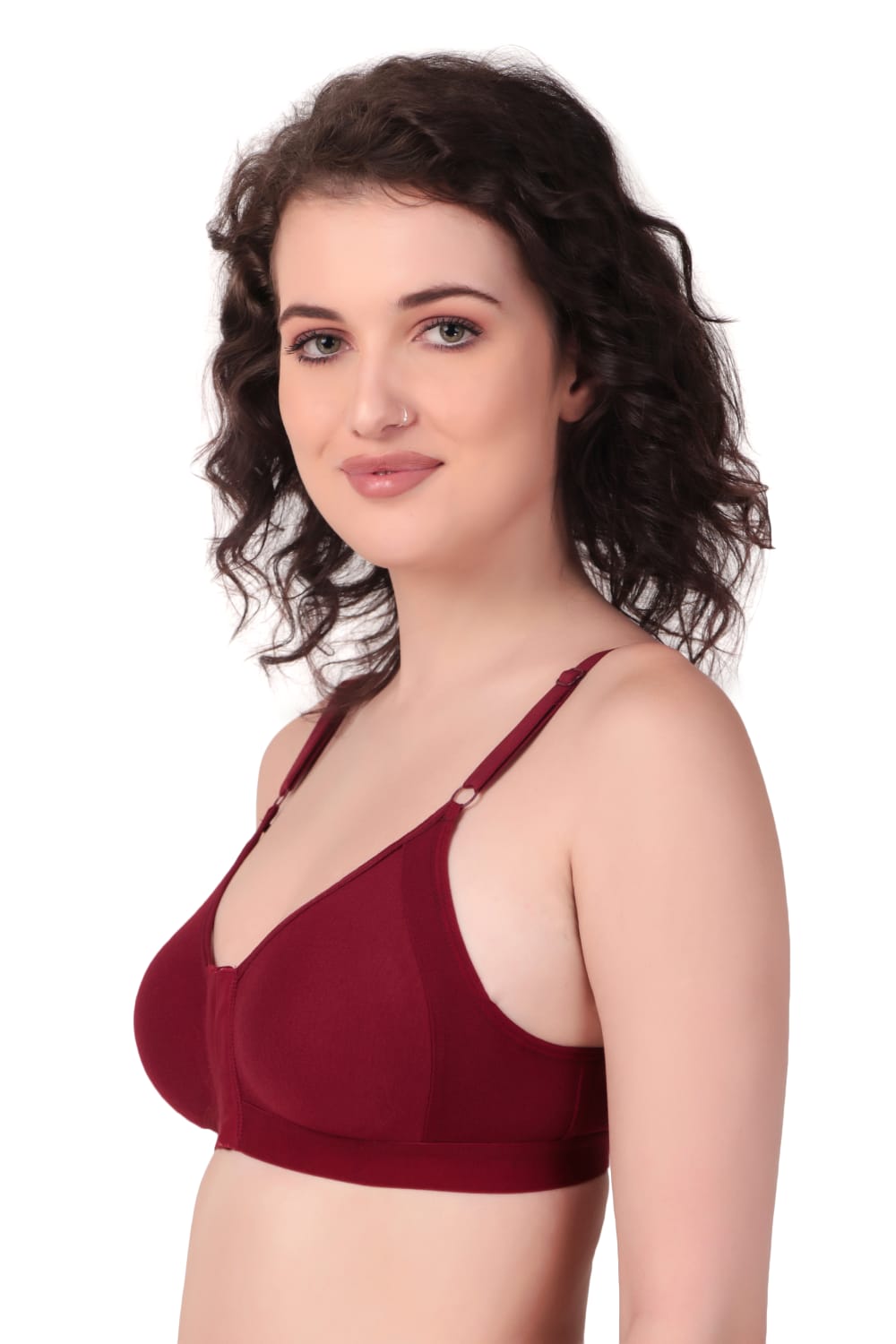 Right Side view of woman wearing Liamoure Women's front hook bra Non-Padded Non-Wired,Full Coverage Maroon color bra