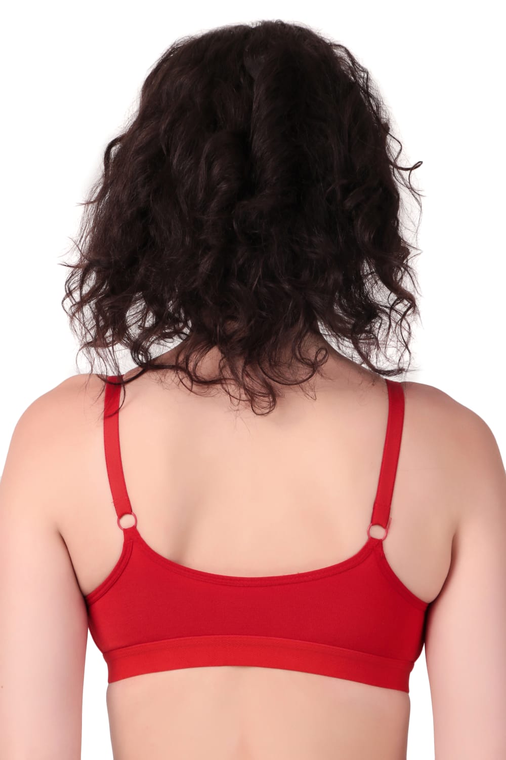 back view of woman wearing Liamoure Women's front hook bra Non-Padded Non-Wired,Full Coverage hot red color bra